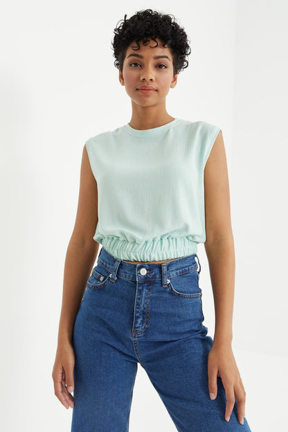 Light Green O Collar Sleeveless Stretch Crinkled Fabric Women's Crop Top T-Shirt - 97226