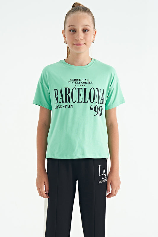 O Collar Print Low Shoulder Oversize Girls' T-Shirt - 75115