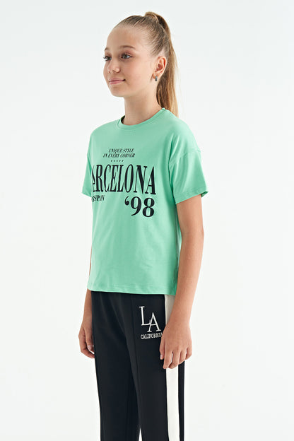 O Collar Print Low Shoulder Oversize Girls' T-Shirt - 75115