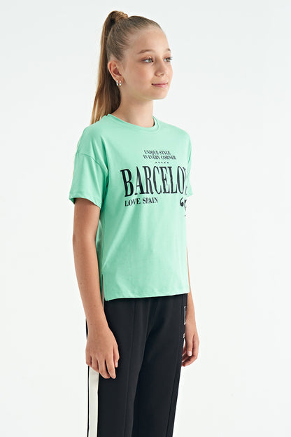 O Collar Print Low Shoulder Oversize Girls' T-Shirt - 75115