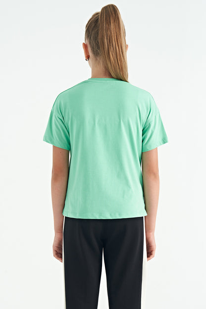 O Collar Print Low Shoulder Oversize Girls' T-Shirt - 75115