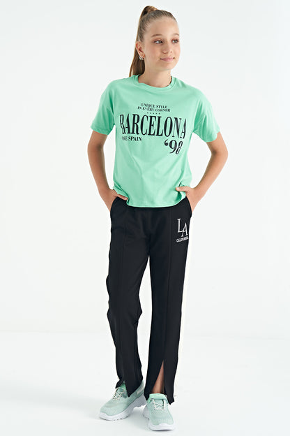 O Collar Print Low Shoulder Oversize Girls' T-Shirt - 75115