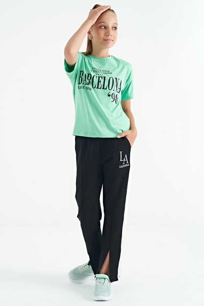 O Collar Print Low Shoulder Oversize Girls' T-Shirt - 75115