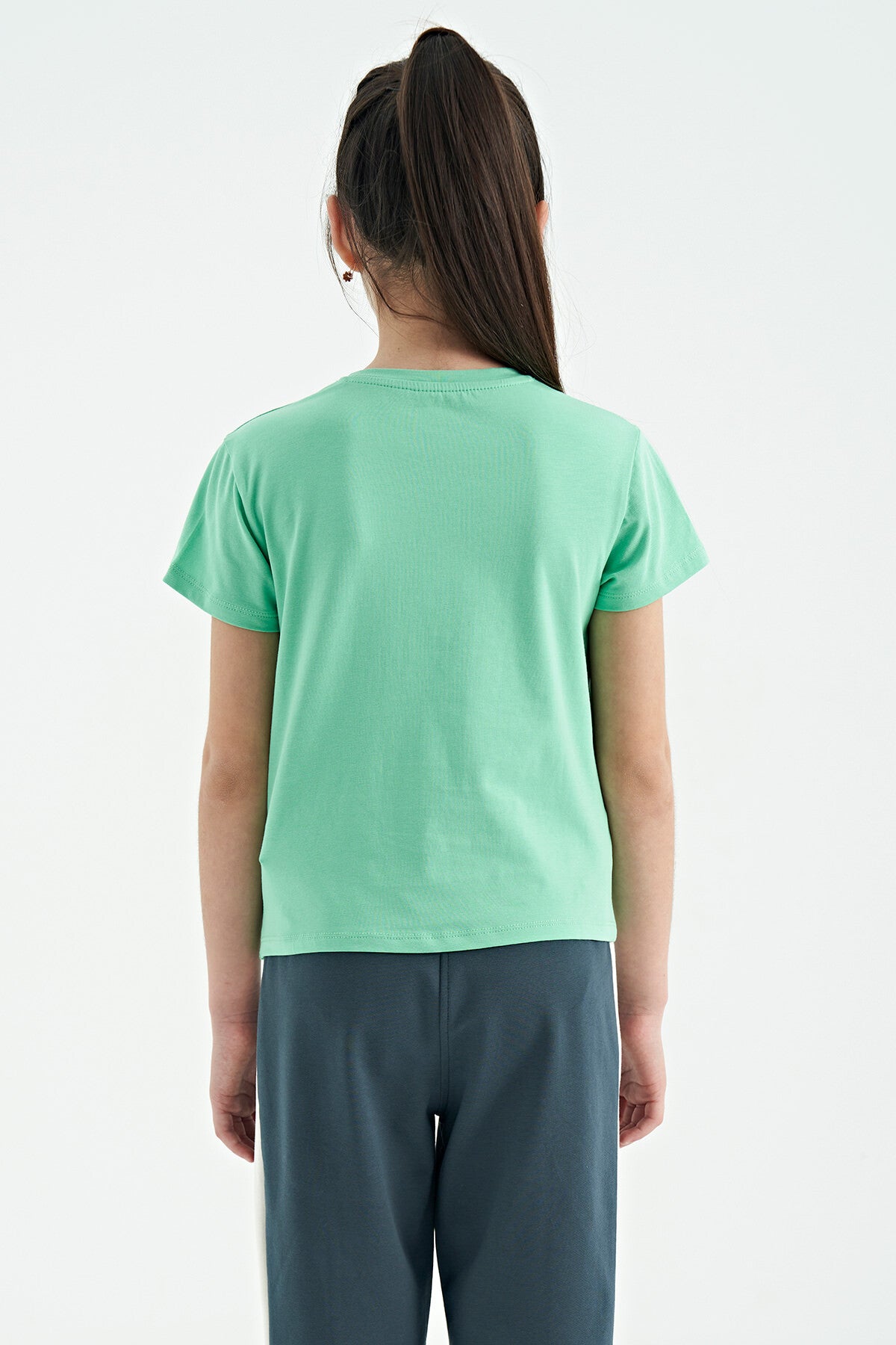 Light Green O Collar Printed Comfort Fit Short Sleeve Cropped Girl's T-Shirt - 75118