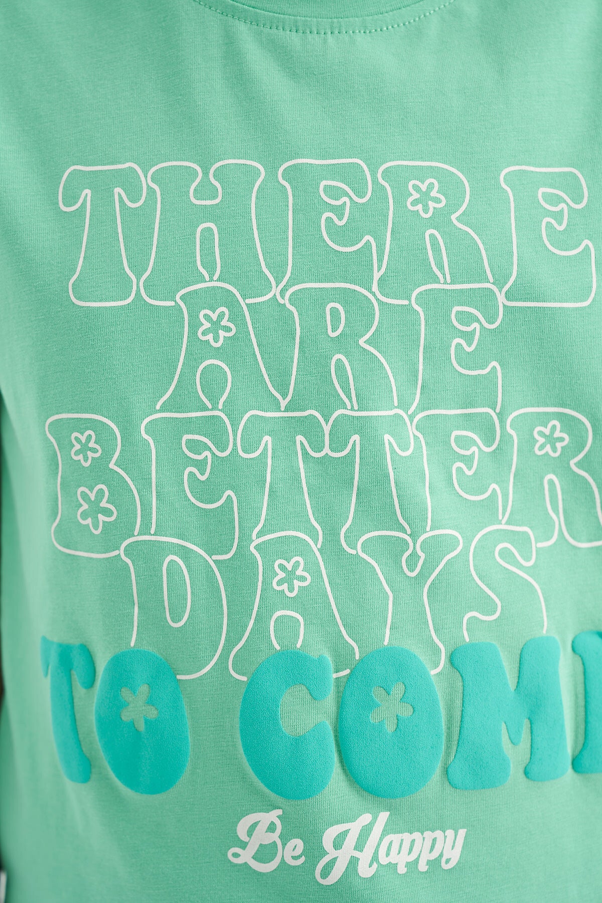 Light Green O Collar Printed Comfort Fit Short Sleeve Cropped Girl's T-Shirt - 75118