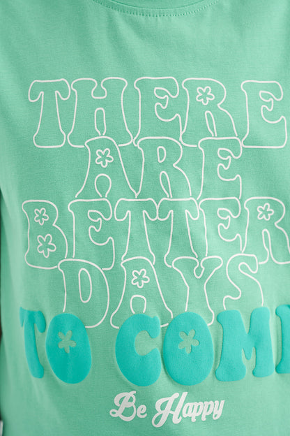 Light Green O Collar Printed Comfort Fit Short Sleeve Cropped Girl's T-Shirt - 75118