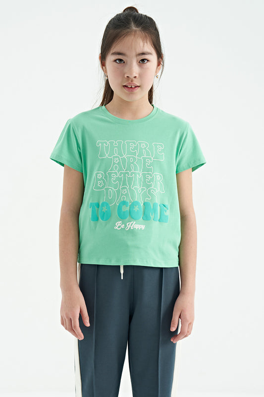 Light Green O Collar Printed Comfort Fit Short Sleeve Cropped Girl's T-Shirt - 75118