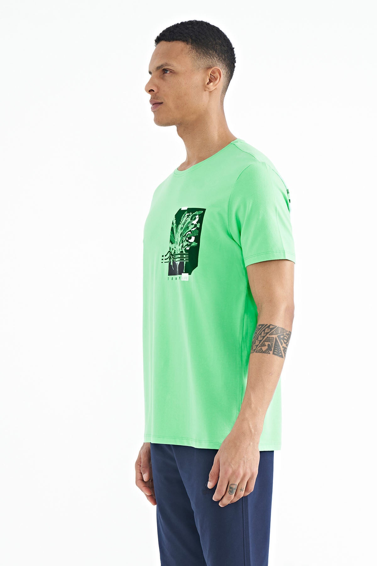 Forest Green Front & Back Print Detailed Standard Fit Men's T-shirt - 88233