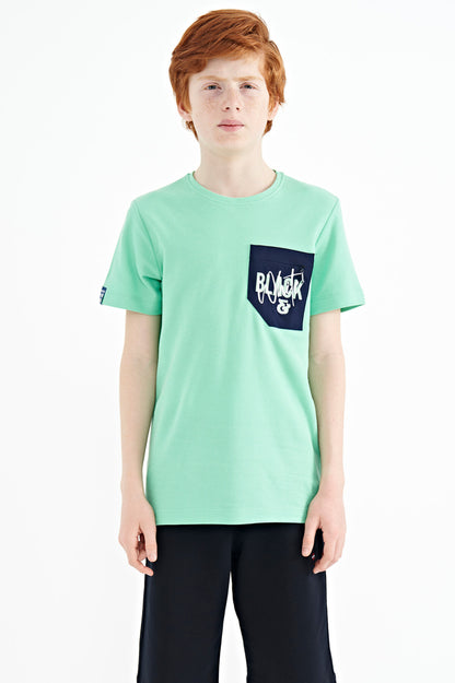 Light Green Front Pocket Embroidered O Collar Standard Fit Boys' T-Shirt - 11116