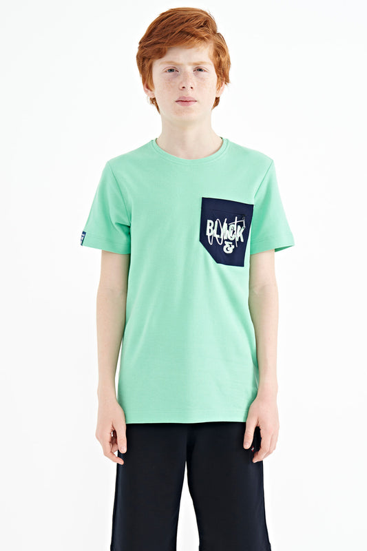 Light Green Front Pocket Embroidered O Collar Standard Fit Boys' T-Shirt - 11116