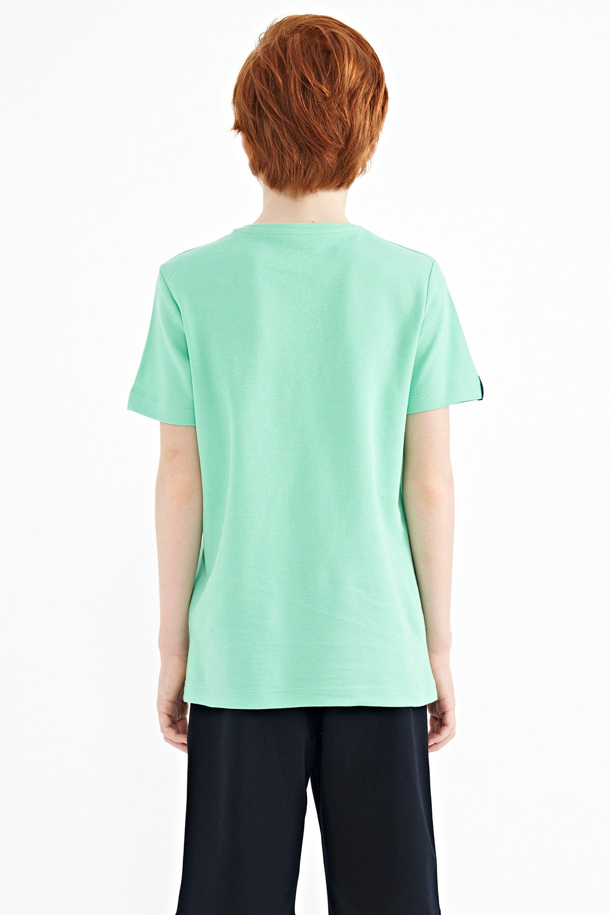 Light Green Front Pocket Embroidered O Collar Standard Fit Boys' T-Shirt - 11116
