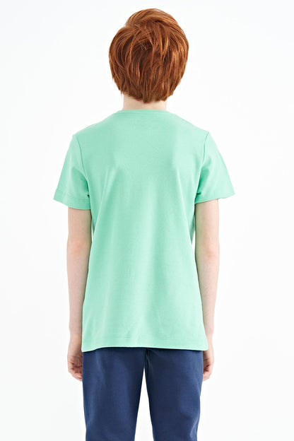 Front Print Embroidered O Collar Standard Fit Boys' T-Shirt - 11118