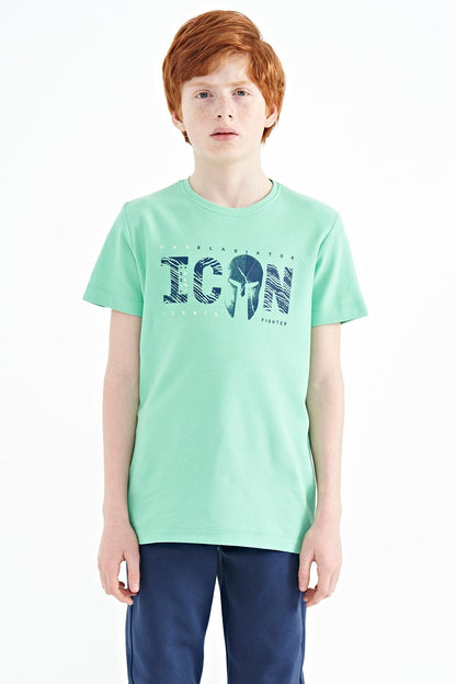 Front Print Embroidered O Collar Standard Fit Boys' T-Shirt - 11118