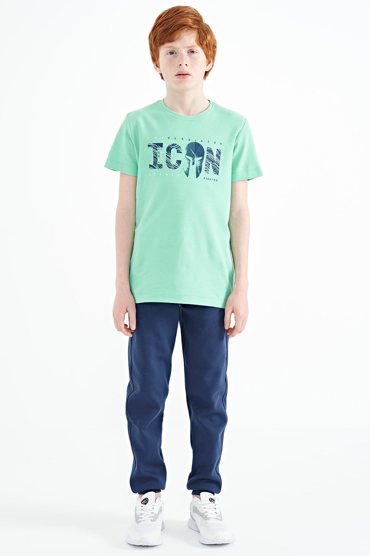 Front Print Embroidered O Collar Standard Fit Boys' T-Shirt - 11118
