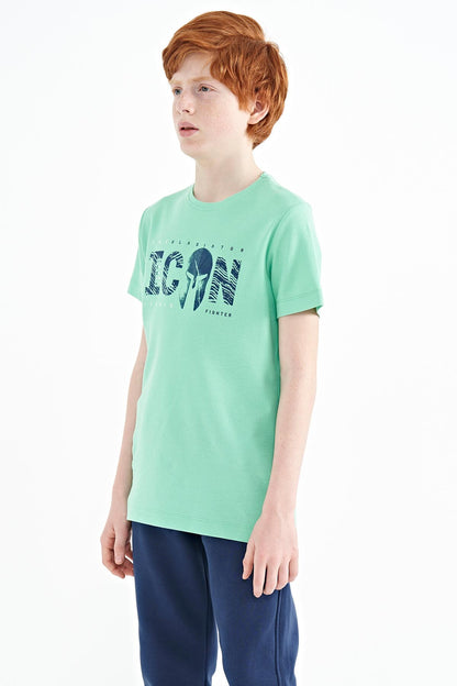 Front Print Embroidered O Collar Standard Fit Boys' T-Shirt - 11118