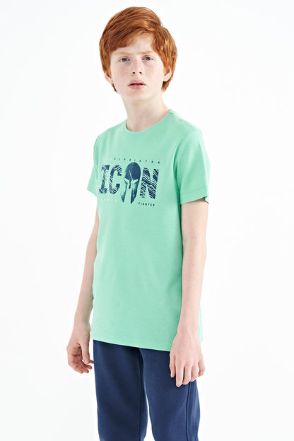 Front Print Embroidered O Collar Standard Fit Boys' T-Shirt - 11118