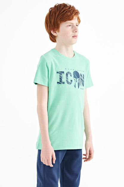 Front Print Embroidered O Collar Standard Fit Boys' T-Shirt - 11118