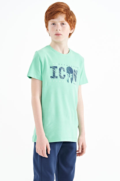 Front Print Embroidered O Collar Standard Fit Boys' T-Shirt - 11118