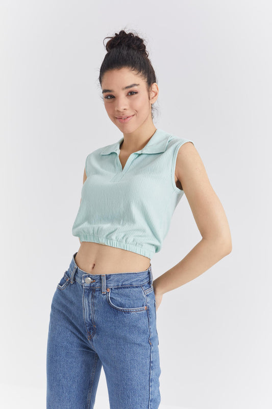Olive Green Polo Collar Elastic Waist Crinkle Fabric Women's Crop Top T-Shirt - 97223