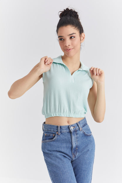 Olive Green Polo Collar Elastic Waist Crinkle Fabric Women's Crop Top T-Shirt - 97223