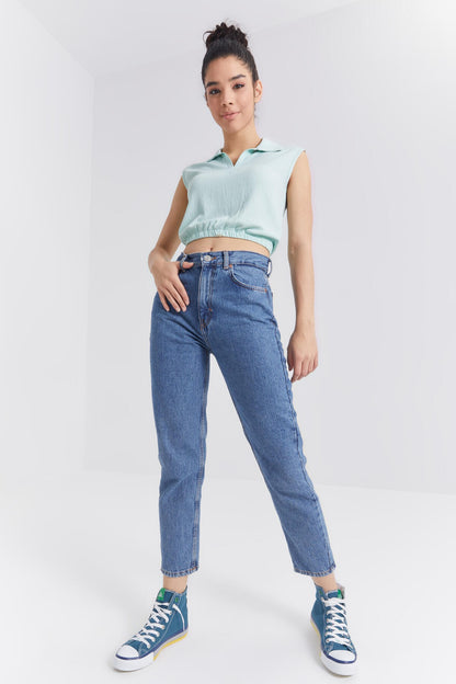 Olive Green Polo Collar Elastic Waist Crinkle Fabric Women's Crop Top T-Shirt - 97223