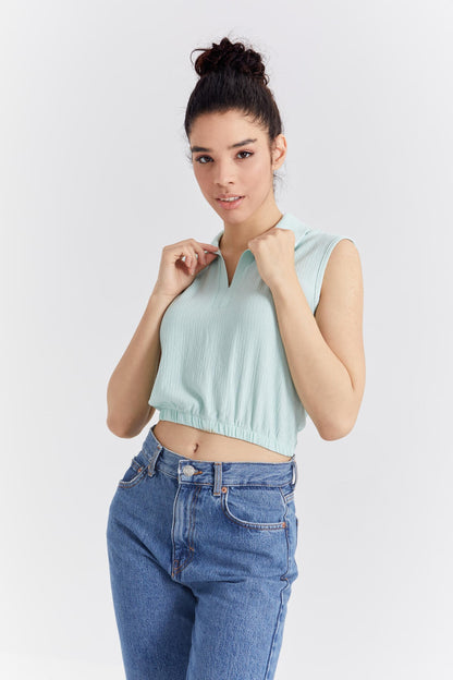 Olive Green Polo Collar Elastic Waist Crinkle Fabric Women's Crop Top T-Shirt - 97223