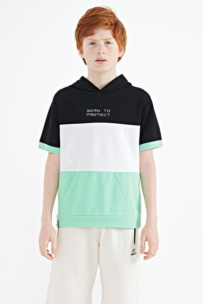 Green Block Color Kangaroo Pocket Hooded Oversize Boys T-Shirt - 11150