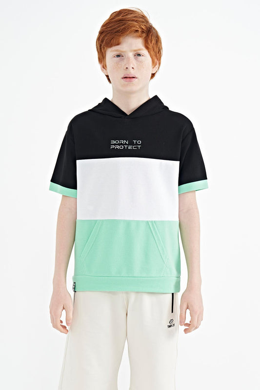 Green Block Color Kangaroo Pocket Hooded Oversize Boys T-Shirt - 11150