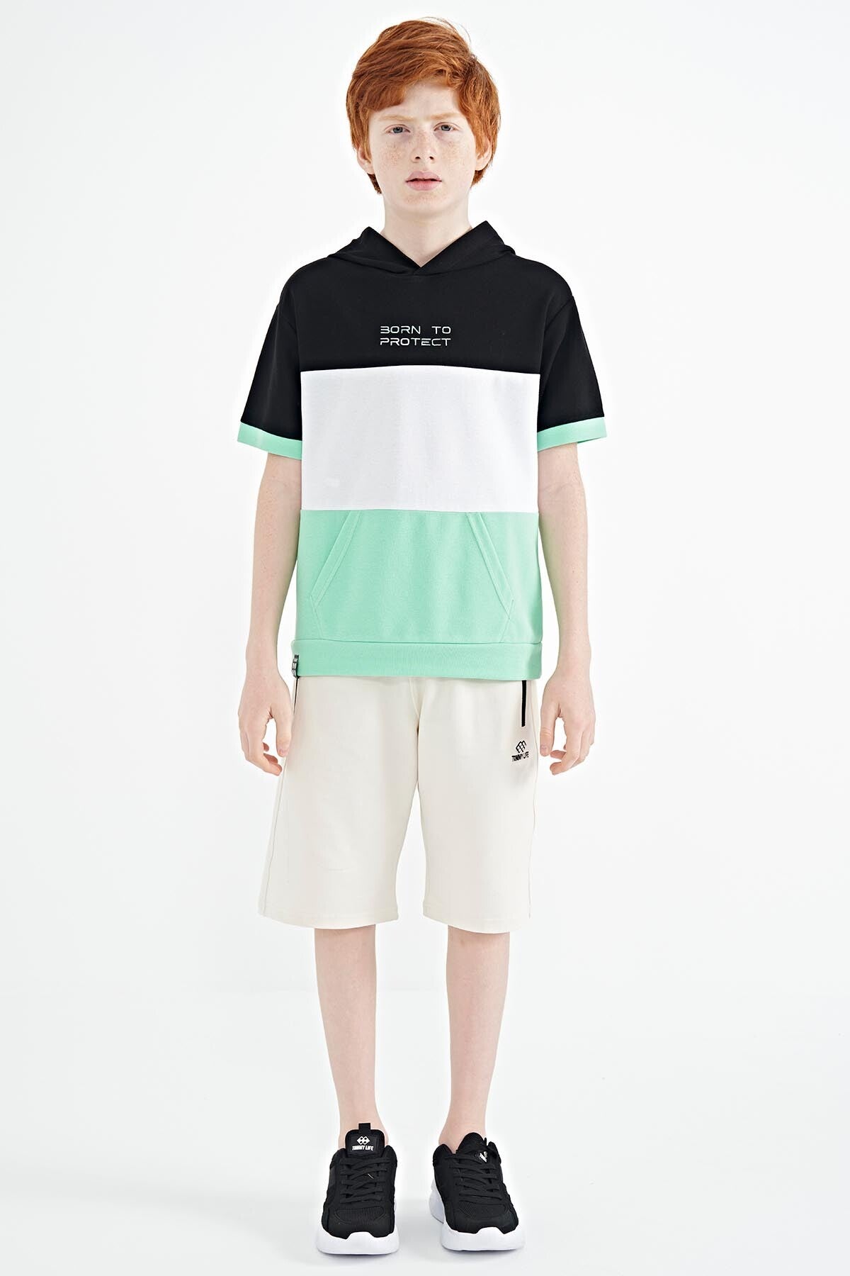 Green Block Color Kangaroo Pocket Hooded Oversize Boys T-Shirt - 11150