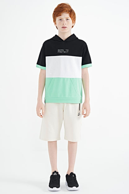 Green Block Color Kangaroo Pocket Hooded Oversize Boys T-Shirt - 11150