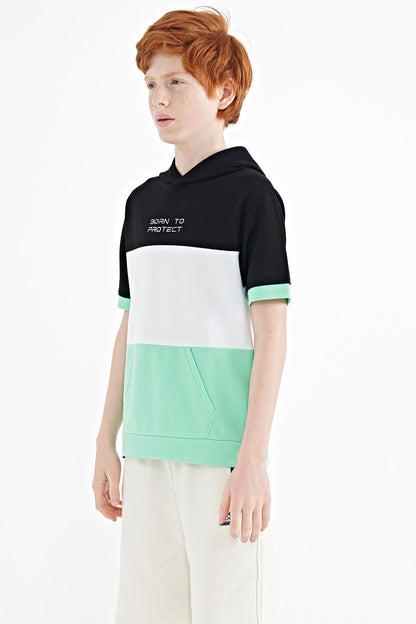 Green Block Color Kangaroo Pocket Hooded Oversize Boys T-Shirt - 11150