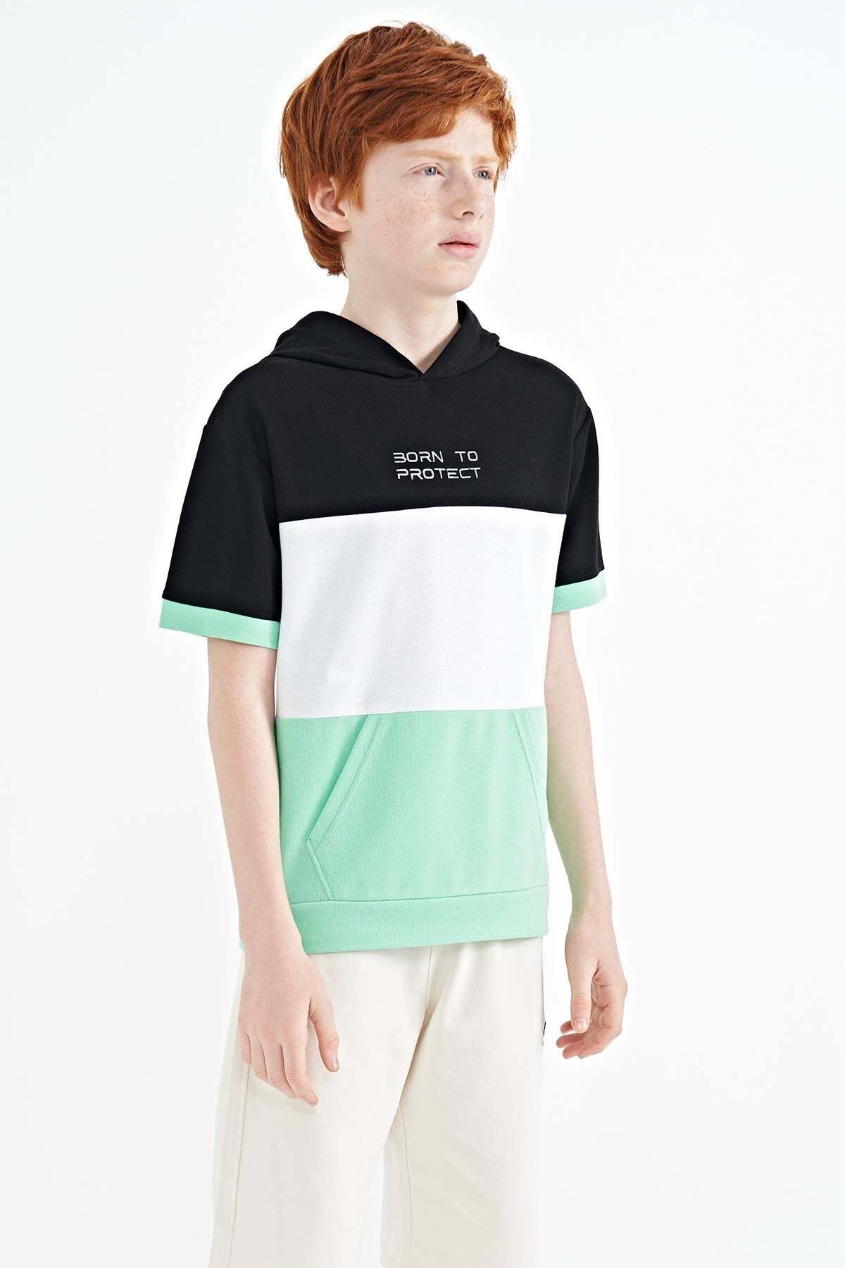 Green Block Color Kangaroo Pocket Hooded Oversize Boys T-Shirt - 11150