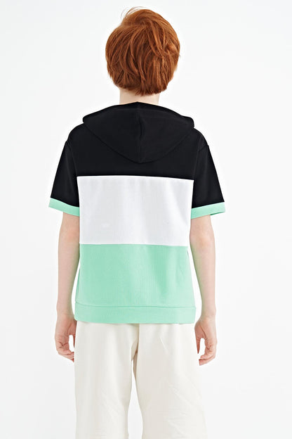 Green Block Color Kangaroo Pocket Hooded Oversize Boys T-Shirt - 11150