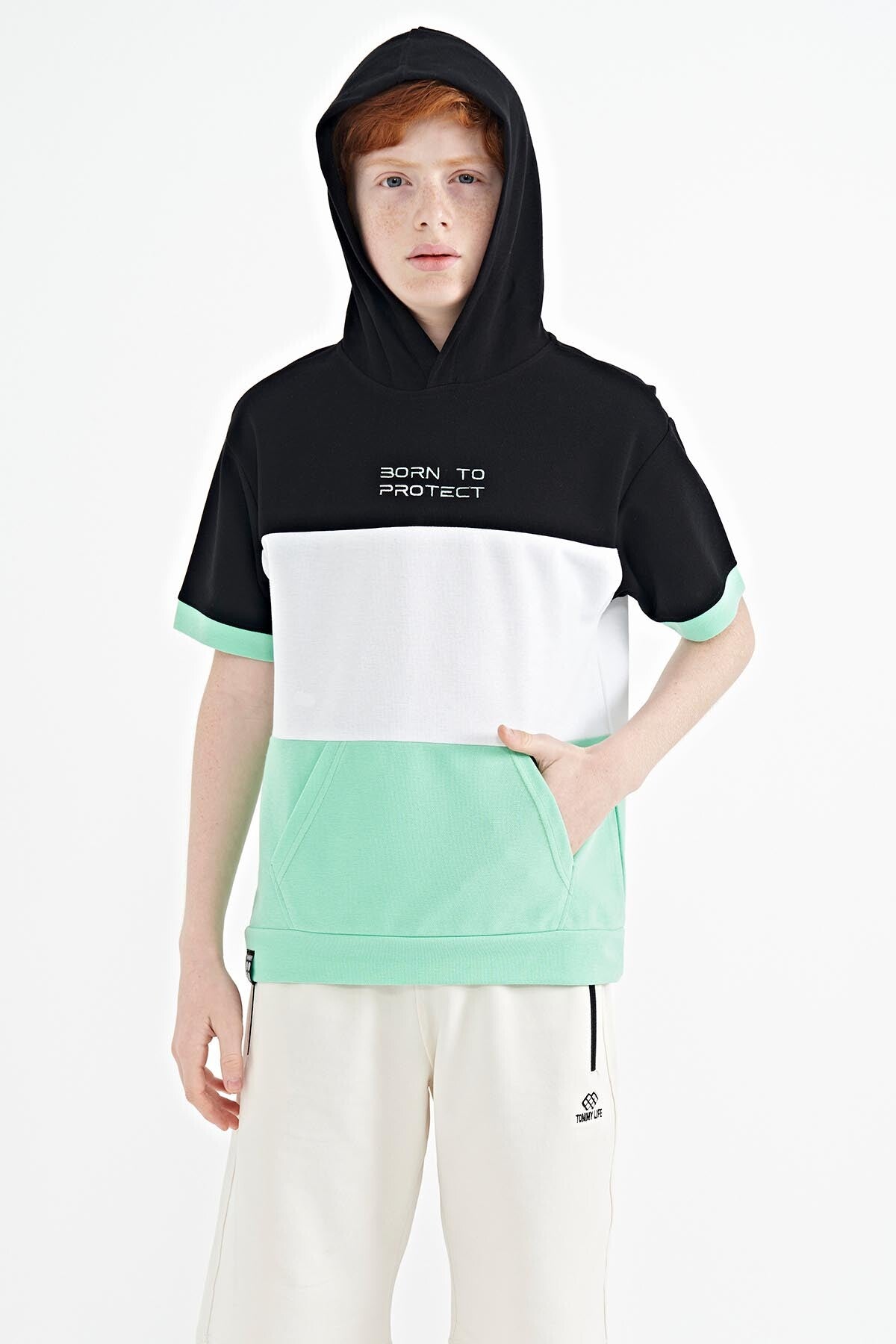 Green Block Color Kangaroo Pocket Hooded Oversize Boys T-Shirt - 11150