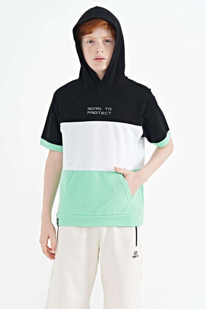 Green Block Color Kangaroo Pocket Hooded Oversize Boys T-Shirt - 11150