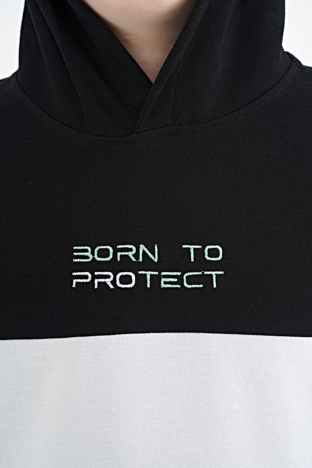 Green Block Color Kangaroo Pocket Hooded Oversize Boys T-Shirt - 11150