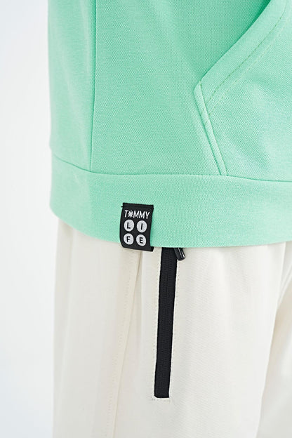 Green Block Color Kangaroo Pocket Hooded Oversize Boys T-Shirt - 11150