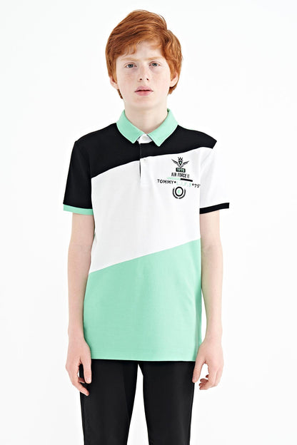 Block Embroidered Detailed Standard Pattern Polo Collar Boys T-Shirt - 11088