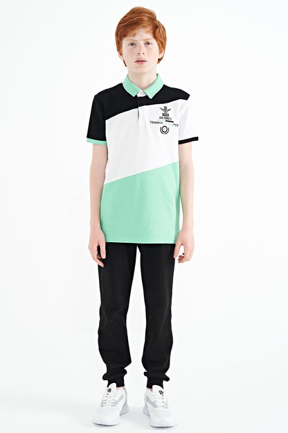 Block Embroidered Detailed Standard Pattern Polo Collar Boys T-Shirt - 11088