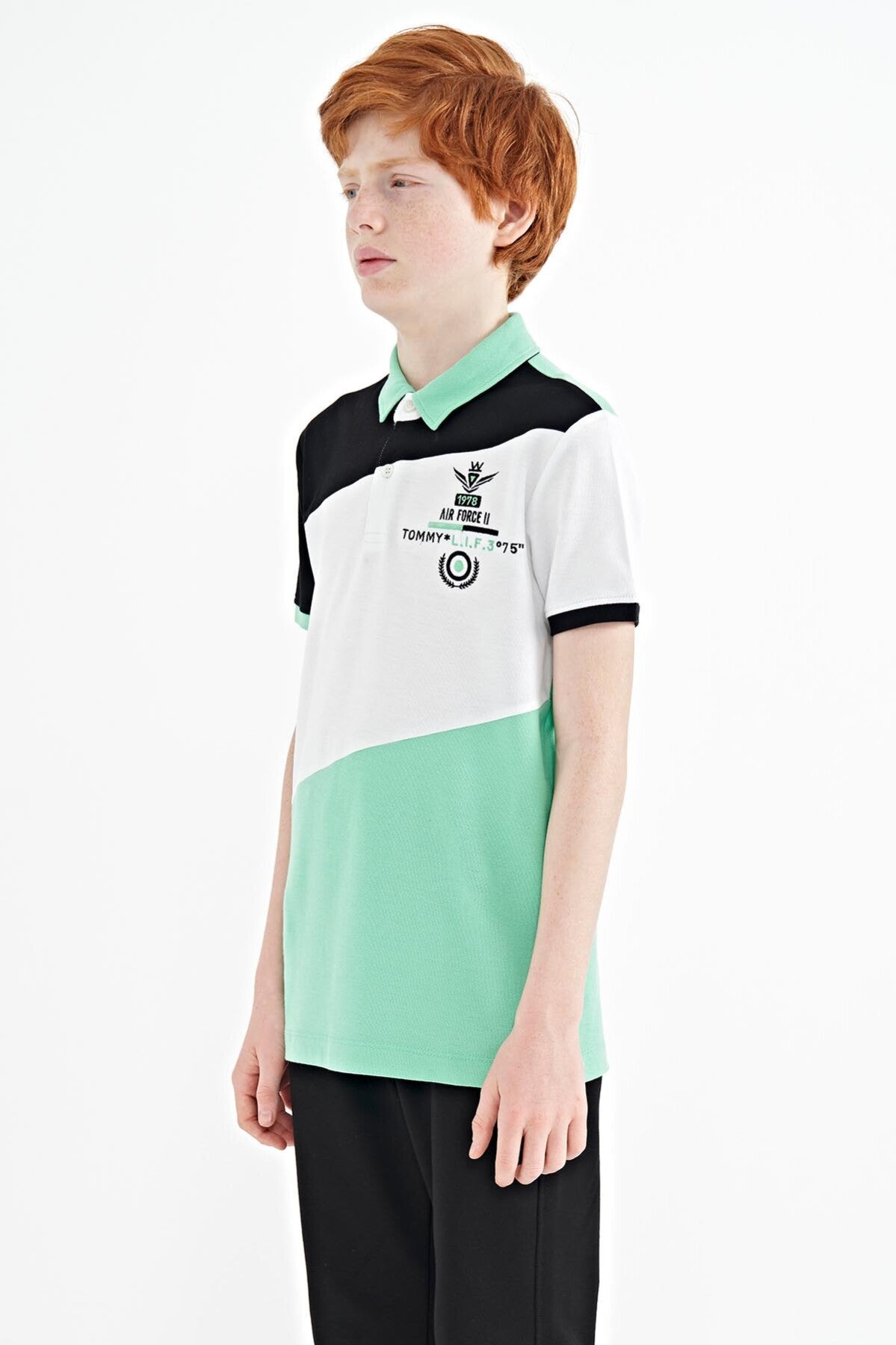 Block Embroidered Detailed Standard Pattern Polo Collar Boys T-Shirt - 11088