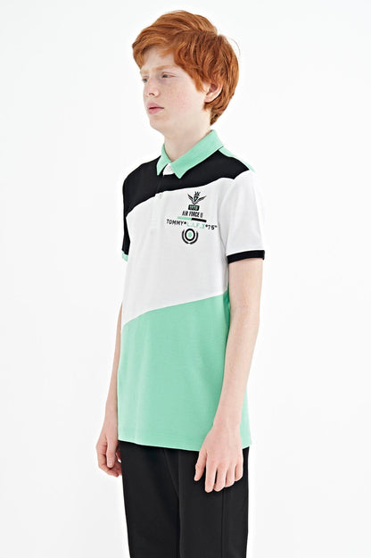 Block Embroidered Detailed Standard Pattern Polo Collar Boys T-Shirt - 11088