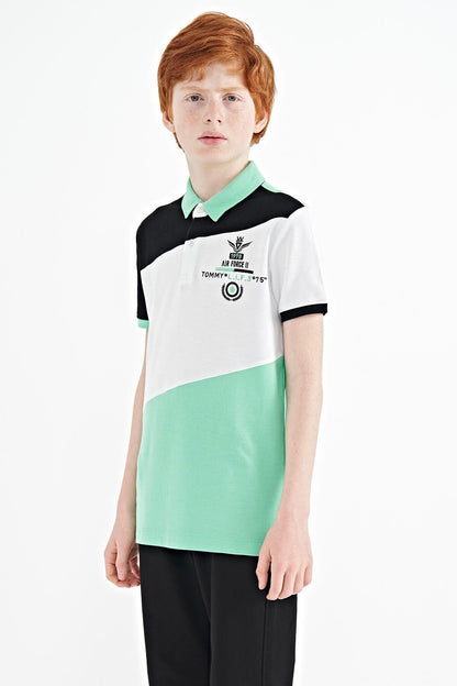 Block Embroidered Detailed Standard Pattern Polo Collar Boys T-Shirt - 11088