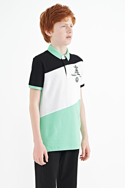 Block Embroidered Detailed Standard Pattern Polo Collar Boys T-Shirt - 11088