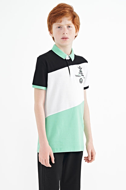 Block Embroidered Detailed Standard Pattern Polo Collar Boys T-Shirt - 11088