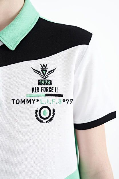 Block Embroidered Detailed Standard Pattern Polo Collar Boys T-Shirt - 11088