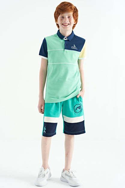 Block Embroidered Letter Detailed Standard Pattern Polo Collar Boys T-Shirt - 11109