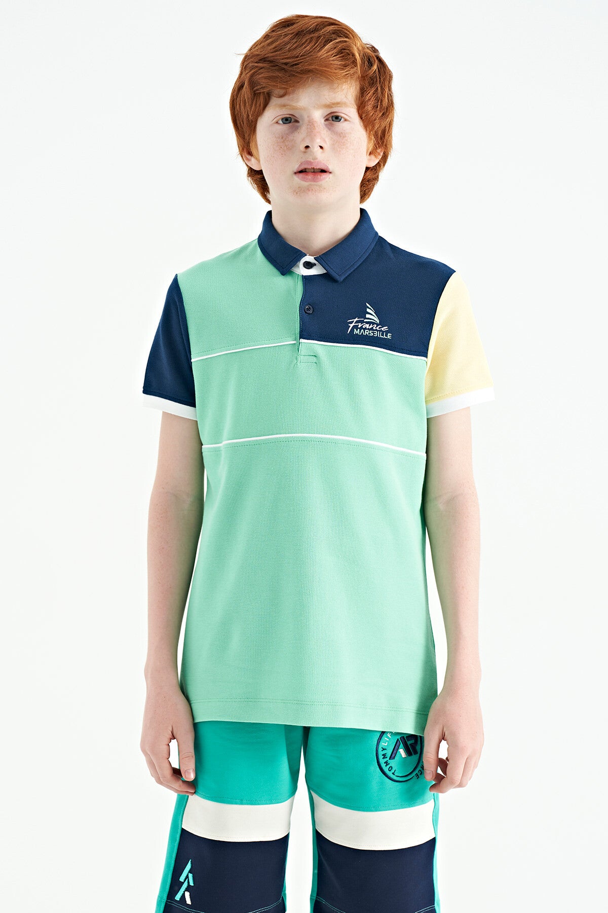 Block Embroidered Letter Detailed Standard Pattern Polo Collar Boys T-Shirt - 11109