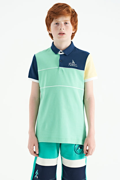 Block Embroidered Letter Detailed Standard Pattern Polo Collar Boys T-Shirt - 11109