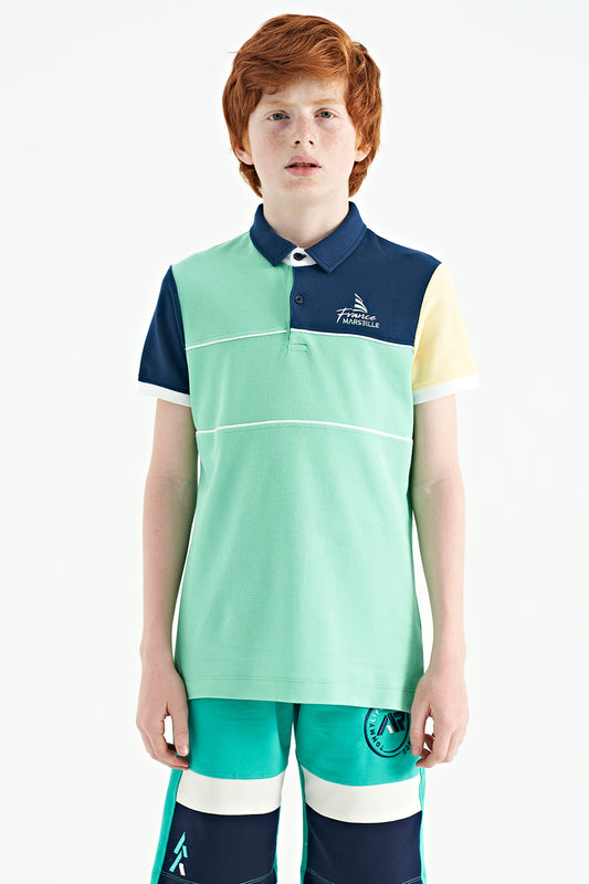 Block Embroidered Letter Detailed Standard Pattern Polo Collar Boys T-Shirt - 11109