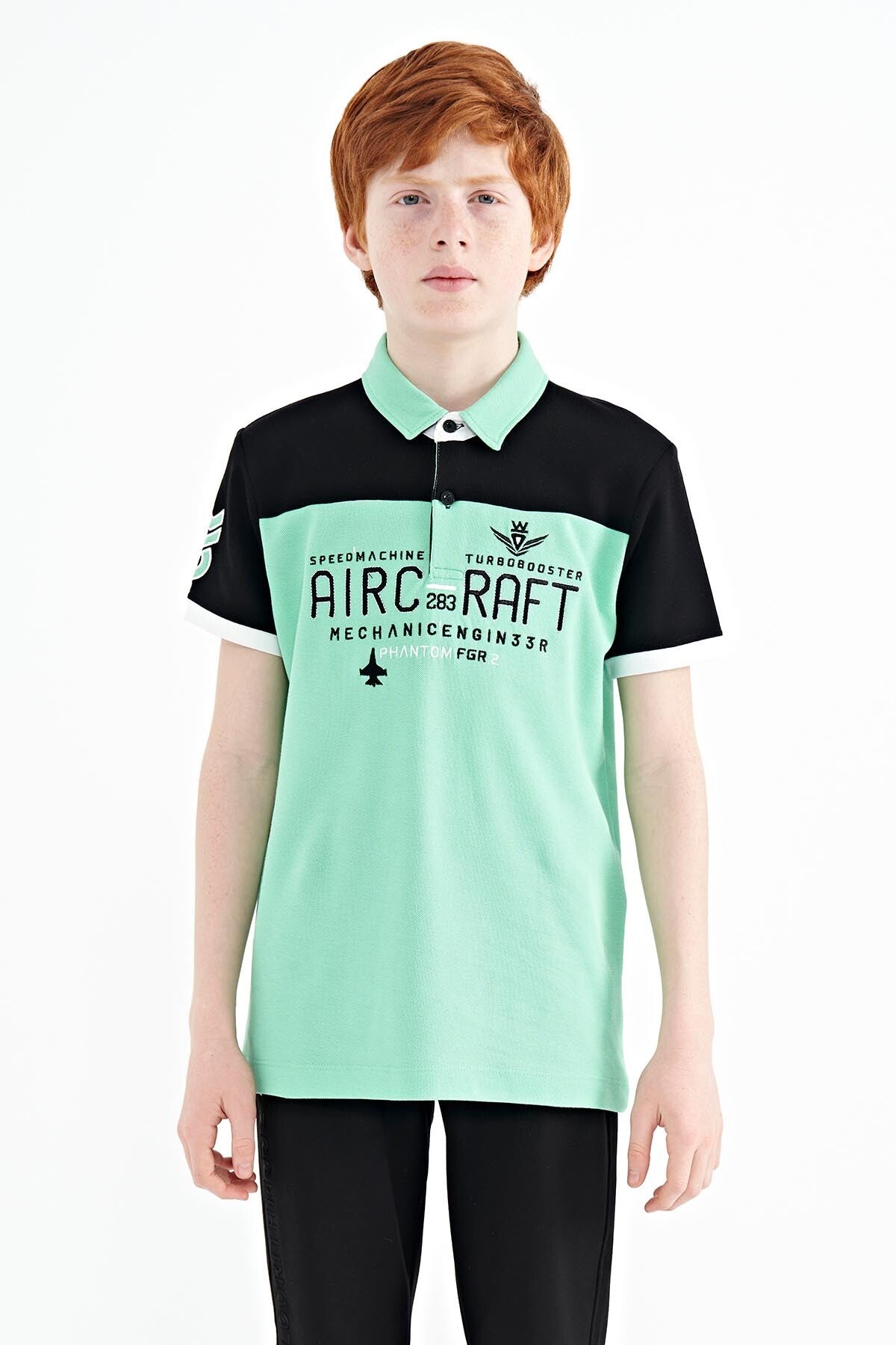 Forest Green Color Block Letter Embroidered Standard Fit Polo Collar Boys' T-Shirt - 11087